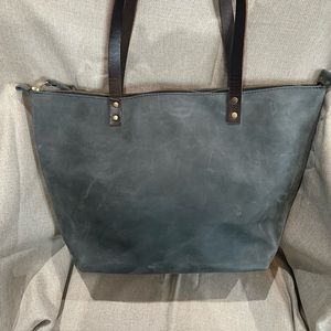 Portland Leather Goods Large Zipper Tote in Storm with Grizzly Handles